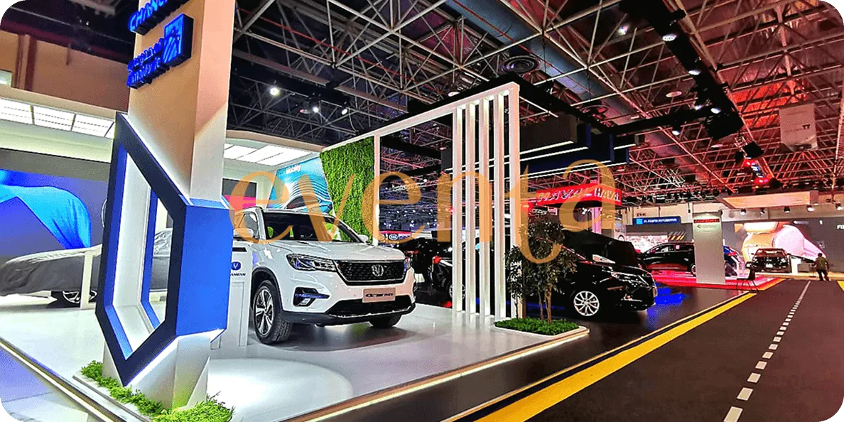Auto exhibition hall with luxury vehicles on display